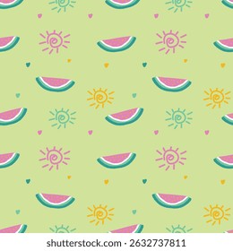 Whimsical summer pattern on olive background featuring watermelon slices, sunshine doodles, and mini hearts — seamless vector for seasonal kids prints.