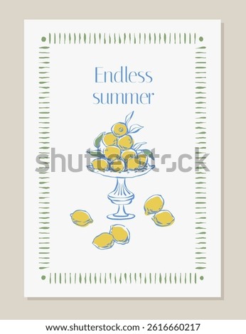Whimsical summer poster with lemons. Hand drawn La Dolce Vita summer poster. Mediterranean coastal aesthetic for cards, posters, banner, invitation. Italian summer line art doodle with lemons in vase.