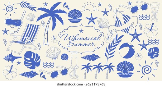 Conjunto de verão fantástico de objetos desenhados à mão. Símbolos de verão antigos. Férias, turismo, logotipo, quadro, divisor, ícone.