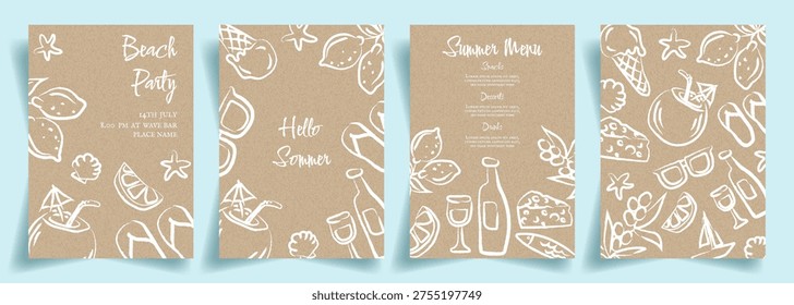 Whimsical Summer Sketch Posters on Kraft Paper Background. Mediterranean Summer illustration with Italian Food Sketches Wine Bottles Lemons Beach Elements in Doodle style poster design. Hand Drawn Sea Party Elements. Perfect for cafe menu, restaurant, summer event invitation.