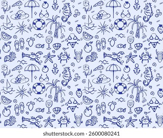 Whimsical Summer Vacation pattern hand drawn doodle style. Retro coastal print. Sea shell in blue on white. Sea life background, Marine set with sea shells. Vector illustration