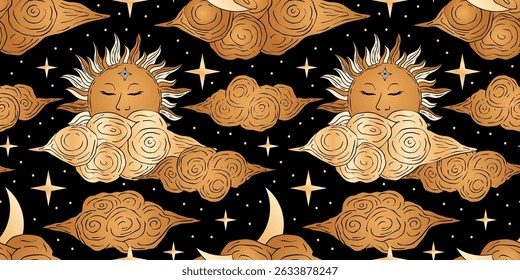 Whimsical Sun Cloud Moon And Star Seamless Vector Pattern In Celestial Alchemy Style On Dark Sky Background