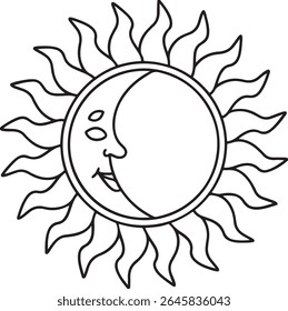 Whimsical sun with crescent moon face, radiating joy and warmth, its playful gaze bringing a touch of cosmic charm, perfect for children's book illustrations