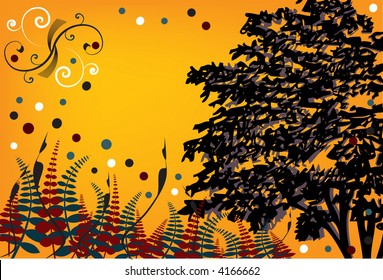 Whimsical, sunny forest scene vector illustration.