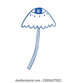 A whimsical surreal illustration featuring a mushroom with an eyeball cap, drawn in minimalist blue line art. Perfect for creative design projects and unique concepts