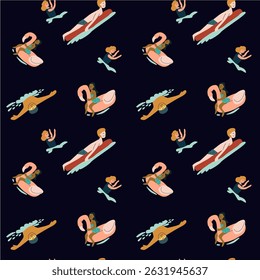 Whimsical swimming pool fun with floaties and mermaids pattern design.
