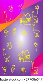 A whimsical tapestry of innocence, this vibrant digital pattern is a playful homage to a child's imagination. Set against a cosmic blend of lavender and electric pink gradients, punctuated by a streak of sunset orange, it features a joyful parade of hand-drawn yellow doodles. Friendly dinosaurs wander past charming houses, while happy faces, blooming flowers, twinkling stars, and delicious strawberries float in a dance of pure, unfiltered joy.