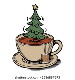 Whimsical Tea Cup with Christmas Tree Vintage Illustration