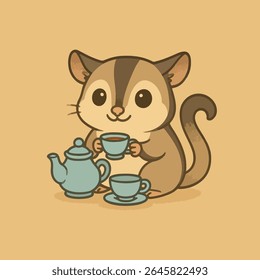 Whimsical Tea Party, A charming, illustrated sugar glider enjoys a serene moment, sipping tea in a tranquil setting, a delightful representation of peaceful indulgence.
