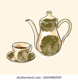 Whimsical teacup illustration themed around tea time, featuring vintage charm and cozy cottagecore vibes—ideal for design, packaging, and warm lifestyle visuals.