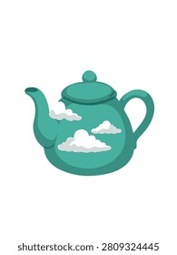 whimsical teapot with cloudy sky illustration isolated