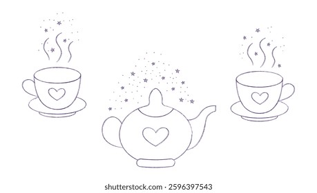 Whimsical Teapot and Teacups. Hand drawn vector illustration isolated on white background