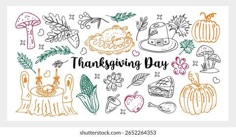 Whimsical Thanksgiving hand drawn vector set line art chalk and charcoal with pumpkins, turkey, pie, fall leaves and harvest doodles. Cozy seasonal collection for prints, cards and decoration.