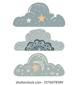 whimsical three decorative clouds paired with small stars and ornamental details in blue gray, beige, off white, and deep teal, fit for children’s illustration, stationery designs, website backgrounds