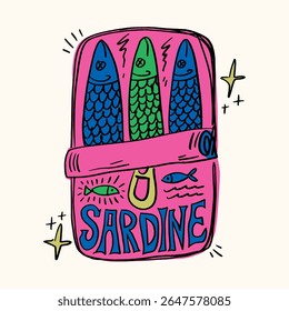 Whimsical Tinned Goods Can Of Sardines Canned Fish Food Colorful Seafood Illustration Vector Clip-art, Positive Vibe Artwork For T Shirt Print, Poster, Sticker And Other Uses