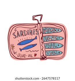Whimsical Tinned Goods Can Of Sardines Canned Fish Food Colorful Seafood Illustration Vector Clip-art, Positive Vibe Artwork For T Shirt Print, Poster, Sticker And Other Uses