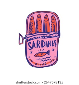 Whimsical Tinned Goods Can Of Sardines Canned Fish Food Colorful Seafood Illustration Vector Clip-art, Positive Vibe Artwork For T Shirt Print, Poster, Sticker And Other Uses