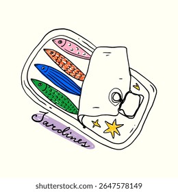 Whimsical Tinned Goods Can Of Sardines Canned Fish Food Colorful Seafood Illustration Vector Clip-art, Positive Vibe Artwork For T Shirt Print, Poster, Sticker And Other Uses