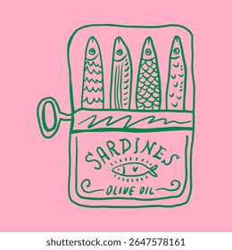 Whimsical Tinned Goods Can Of Sardines Canned Fish Food Colorful Seafood Illustration Vector Clip-art, Positive Vibe Artwork For T Shirt Print, Poster, Sticker And Other Uses