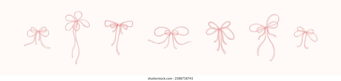 Whimsical tiny cute line doodle ribbon bow set. Pink pastel coquette design elements. Aesthetic decoration for wedding, birthday, Christmas and New Year party invitations and greeting cards