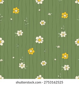 Whimsical Tiny Daisy Flower Seamless  Pattern With Stripes Floral Spring Summer Vector Background