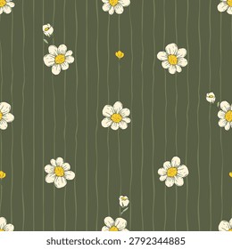 Whimsical Tiny Daisy Flower Seamless Pattern With Stripes Floral Spring Summer Vector Background