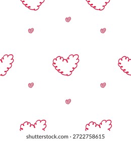 Caprichoso pequeño boceto de corazón sin patrón, lindo fondo de doodle romántico. Ditsy Pequeños corazones dibujados a mano rojo sobre fondo blanco. Simple día de San Valentín
