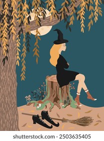 Whimsical tired witch casually sitting on a tree stump in a forest with shoes and broom beside her. Vector illustration.