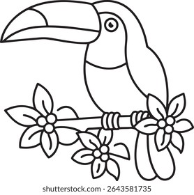 Whimsical Toucan Perched on Blossoming Branch an Enchanting Black and White Illustration Featuring a Playful Toucan Gracefully Resting on a Flower Adorned Branch Waiting to be Colorfully Brought to Li