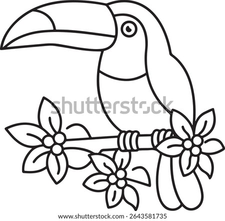 Whimsical Toucan Perched on Blossoming Branch an Enchanting Black and White Illustration Featuring a Playful Toucan Gracefully Resting on a Flower Adorned Branch Waiting to be Colorfully Brought to Li