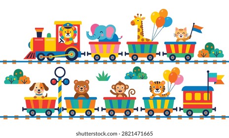 Whimsical toy train carrying happy lion elephant giraffe cat dog bear monkey and tiger characters through a park landscape with bushes and flags.