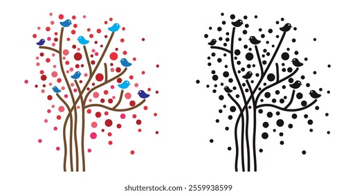 Whimsical Tree with Birds and Decorative Dots in Color and Black