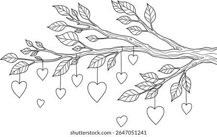 Branch de árvore encantadora Adorned com corações pendurados uma celebração do amor e beleza da natureza expressa em preto e branco