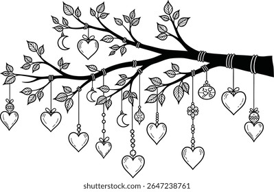 Whimsical Tree Branch Adorned with Heart Ornaments and Delicate Leaves A Charming Illustration for Valentine's Day and Nature Inspired Designs