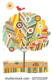 Whimsical tree with floral and animal elements.