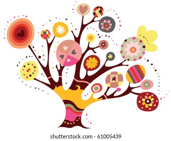 Whimsical tree with geometric shapes and bright colors.