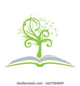 whimsical tree growing from open book, vector