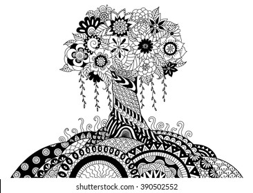 Whimsical tree line art design for coloring book and other decorations