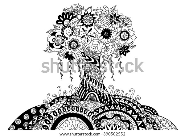 Whimsical tree line art design for coloring book and other decorations