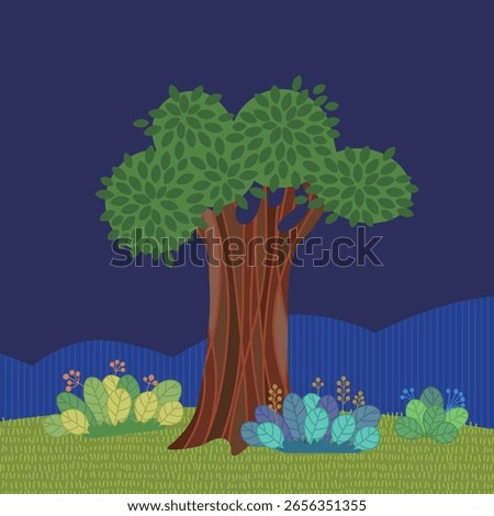 Whimsical Tree and Meadow Background for Children’s Illustration in a playful cartoon style, this illustration is perfect for children’s books, story scenes, preschool materials, or educational games.