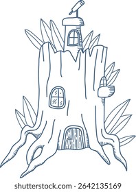 A whimsical treehouse built into a tree stump with a telescope on top, drawn in a sketchy style. The structure features windows and doors, surrounded by leafy plants. Cartoon vector illustration.