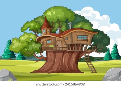 Whimsical treehouse nestled in lush greenery.