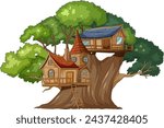 Whimsical treehouse nestled within vibrant green foliage