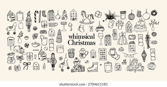 Whimsical trendy doodle elements set of cozy Christmas . Hand drawn coquette vector illustration set