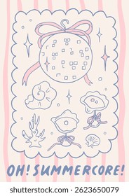Whimsical trendy wall art poster. Mermaidcore aesthetic card. Hand drawn line art illustrations. Perfect for cards, digital wallpaper, background, summer party invitation. Fun and cute