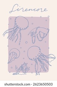 Whimsical trendy wall art poster. Mermaidcore aesthetic card. Hand drawn line art illustrations. Perfect for cards, digital wallpaper, background, summer party invitation. Fun and cute