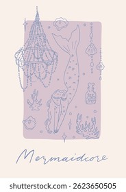 Whimsical trendy wall art poster. Mermaidcore aesthetic card. Hand drawn line art illustrations. Perfect for cards, digital wallpaper, background, summer party invitation. Fun and cute