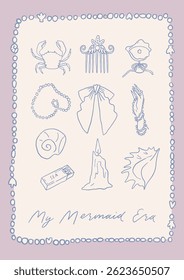 Whimsical trendy wall art poster. Mermaidcore aesthetic card. Hand drawn line art illustrations. Perfect for cards, digital wallpaper, background, summer party invitation. Fun and cute
