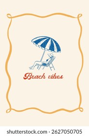 Whimsical trendy wall art poster a hand-drawn beach with a woman relaxing under a striped umbrella. Chalk charcoal style line art illustrations, perfect for cards and vacation party invitations.