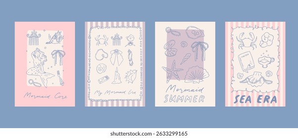 Whimsical trendy wall art poster collection. Mermaidcore aesthetic card set. Hand drawn line art illustrations. Perfect for cards, digital wallpaper, background, summer party invitation. Fun and cute